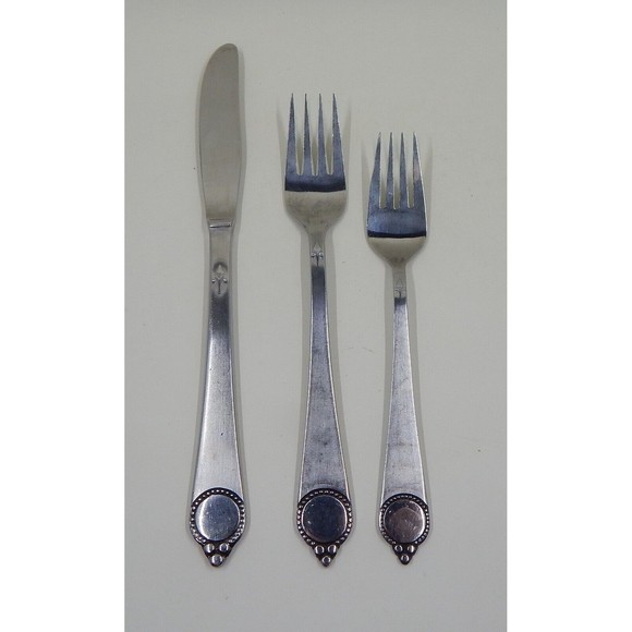 Stanley Roberts Crown Grande Beaded Stainless Japan Fork and Knife Set of 3 - Picture 1 of 9